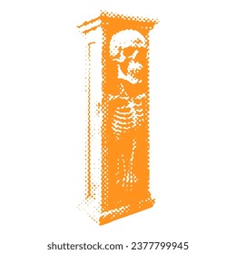 Coffin with Skull and skeleton - Halloween halftone dotted realistic clipart. Offset texture Vintage illustration in 90s grunge style