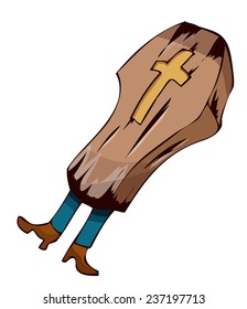 Coffin too small for the Corpse to fit in, so the legs are hanging outside the Box, Vector Illustration isolated on White Background. 
