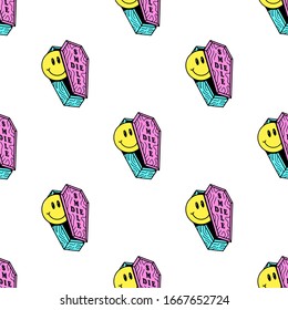 COFFIN WITH SMILE SEAMLESS PATTERN COLOR WHITE BACKGROUND