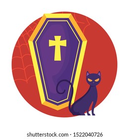 coffin spooky and cat halloween, vector illustration design