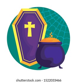 coffin spooky nd cauldron halloween design, vector illustration