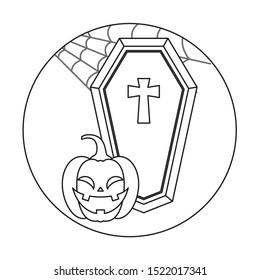 coffin spooky with pumpkin halloween design, vector illustration