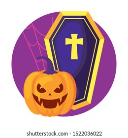 coffin spooky and pumpkin halloween icon vector illustration design