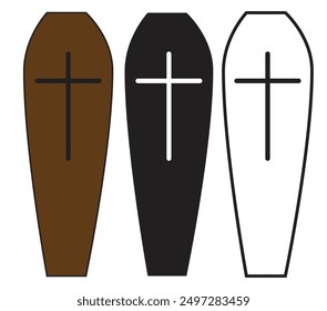 Coffin symbol icons with outline black and brown colors. Vector illustration.