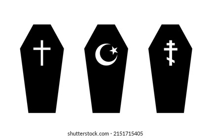 Coffin symbol vector silhouette illustration isolated on white background. Catholic cross, Islamic half moon symbol, Orthodox crucifixion. Funeral ritual religion ceremony after human dead. Graveyard.