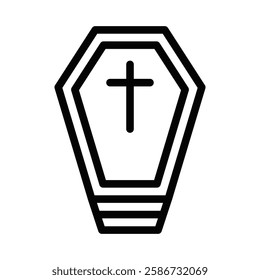 Coffin vector icon with cross in outline style. Editable stroke.