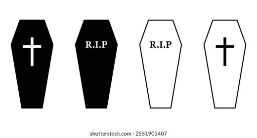 Conjunto de ícones do vetor Coffin. Um caixão de madeira adornado com uma cruz e a inscrição R.I.P. simbolizando descanso em paz. Silhueta preta isolada sobre fundo branco.