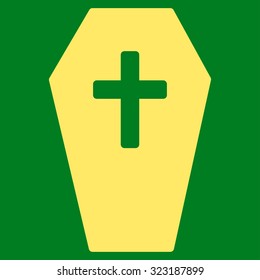 Coffin vector icon. Style is flat symbol, yellow color, rounded angles, green background.