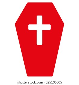 Coffin vector icon. Style is flat symbol, red color, rounded angles, white background.