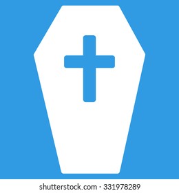 Coffin vector icon. Style is flat symbol, white color, rounded angles, blue background.