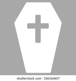 Coffin vector icon. Style is flat symbol, white color, rounded angles, silver background.