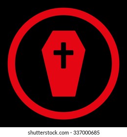 Coffin vector icon. Style is flat rounded symbol, red color, rounded angles, black background.