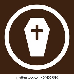 Coffin vector icon. Style is flat rounded symbol, white color, rounded angles, brown background.