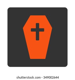 Coffin vector icon. Style is flat rounded square button, orange and gray colors, white background.
