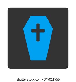 Coffin vector icon. Style is flat rounded square button, blue and gray colors, white background.