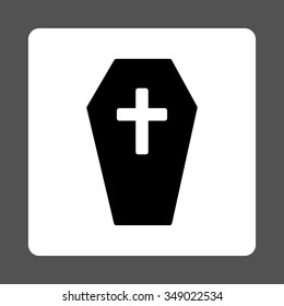 Coffin vector icon. Style is flat rounded square button, black and white colors, gray background.