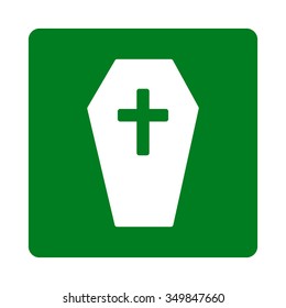 Coffin vector icon. Style is flat rounded square button, white and green colors, white background.