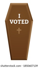 Coffin with I VOTED headline. Sarcastic vector illustration on dead people voting hoax. Electoral fraud concept sketch.