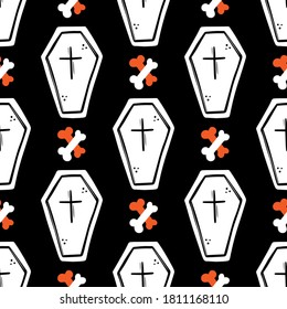 Coffins and crossed bones vector seamless pattern background for Halloween design.
