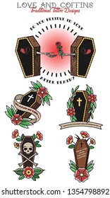 Coffins and Flowers Traditional Tattoo Art Design Stickers Set