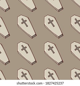 Coffins seamless pattern. Hand drawn doodle cartoon elements of Halloween celebration. Vector colorful illustration.