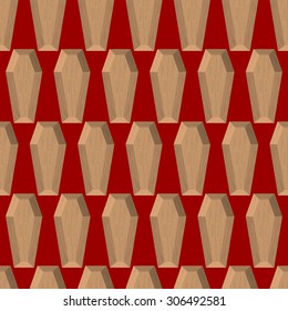 Coffins seamless pattern on red background. Wooden coffin. Vector ornament cemetery.
