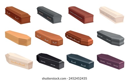 Coffins set. Tomb cases for dead recent vector burial boxes in cartoon style