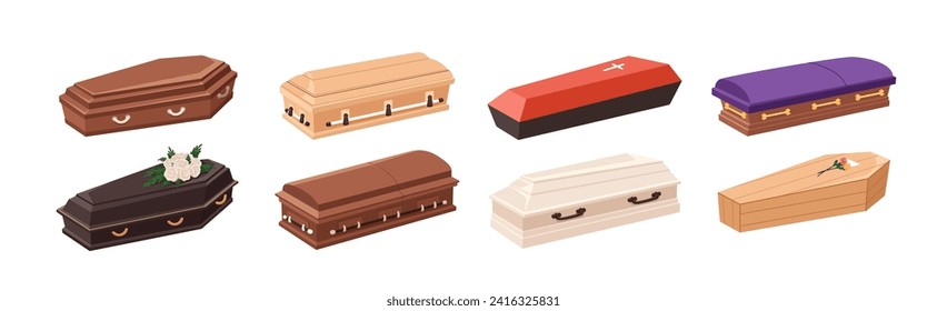 Coffins set. Wood caskets of different designs, shapes. Funeral burial boxes for dead, upholstery, flowers. Closed funerary cases for tomb, grave. Flat vector illustration isolated on white background