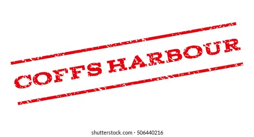 Coffs Harbour watermark stamp. Text tag between parallel lines with grunge design style. Rubber seal stamp with scratched texture. Vector red color ink imprint on a white background.