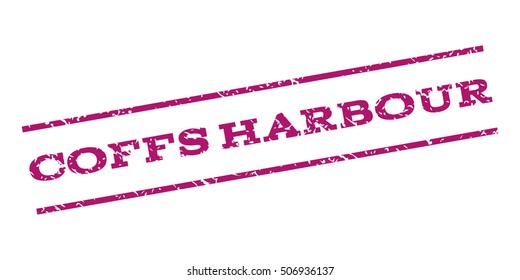 Coffs Harbour watermark stamp. Text tag between parallel lines with grunge design style. Rubber seal stamp with scratched texture. Vector purple color ink imprint on a white background.