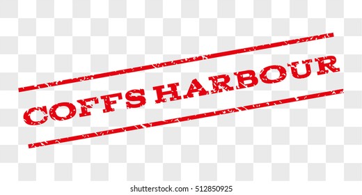 Coffs Harbour watermark stamp. Text tag between parallel lines with grunge design style. Rubber seal stamp with dirty texture. Vector red color ink imprint on a chess transparent background.
