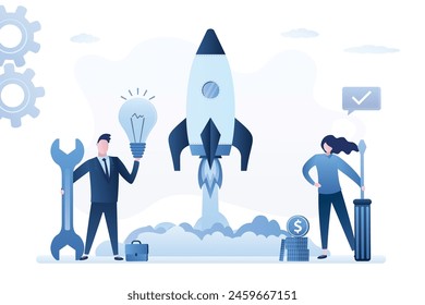 Co-founders launch startup. Businesspeople holds wrench and screwdriver. Rise of new business project. Rocket takes off in sky. Development and management of successful startup. Ideas and investment.