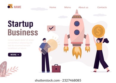 Co-founders rejoice at successful launch of business startup, landing page template. Businessman holding light bulb, investor with money, rocket takes off. Innovative idea launching profitable project