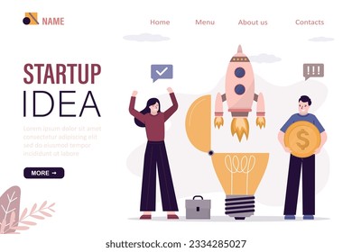 Co-founders rejoice at successful launch of business startup, landing page template. Businessman investor with money, rocket takes off from open lightbulb. Innovative idea launching profitable project