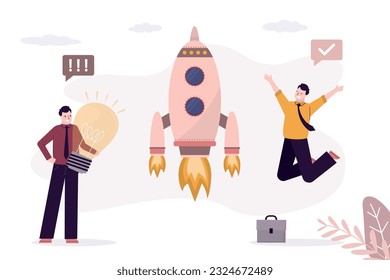 Co-founders rejoice at successful launch of startup. Businessman holding idea light bulb, rocket takes off. Investors celebrate start of new project. Innovative idea launching profitable project.