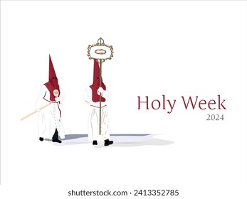 Cofrades with his habit, tunic and white glove and capirote of red color processing in holy week.white bottom.
Processions of holy week