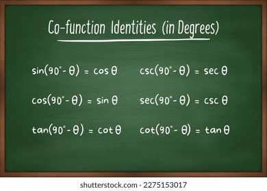 Co-function identities in degrees trigonometry formula on green chalkboard vector