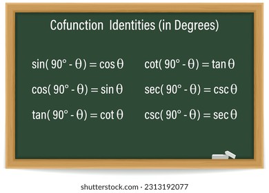 Cofunction identities in degrees. Trigonometry formula on a chalkboard. School. Math. Vector illustration.