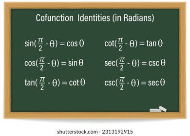Cofunction identities in radians. Trigonometry formula on a chalkboard. School. Math. Vector illustration.