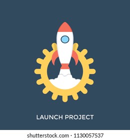 
A cog around space rocket, flat icon design symbolising project launch
