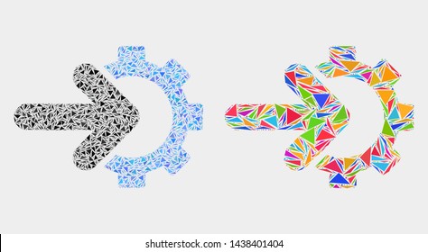Cog arrow integration mosaic icon of triangle elements which have variable sizes and shapes and colors. Geometric abstract vector design concept of cog arrow integration.