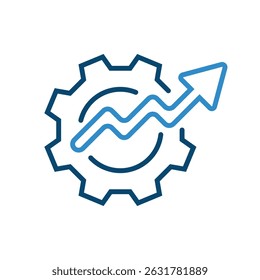 Icono lineal de engranaje y flecha. Concepto de símbolo de mejora de trabajo. Nivel de negocio arriba. Tasa de crecimiento de las finanzas. Ilustración vectorial apta para Web y Diseño gráfico.