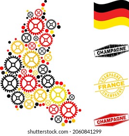Cog Champagne Province map collage and seals. Vector collage is composed with cog icons in variable sizes, and German flag official colors - red, yellow, black.