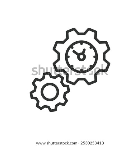 Cog clocks, in line design. Cog clocks, gears, timekeeping, mechanism, synchronization, clockwork, efficiency on white background vector. Cog clocks editable stroke icon