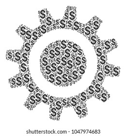 Cog collage of american dollars. Vector dollar currency symbols are composed into cog composition.