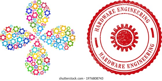 Cog colored rotation flower with 4 petals, and red round HARDWARE ENGINEERING dirty stamp seal. Cog symbol inside round stamp imitation. Object flower done from scattered cog items.