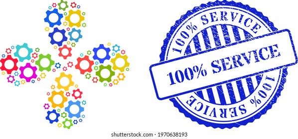 Cog colored swirl flower shape, and blue round 100 percent SERVICE corroded stamp seal. Object flower done from scattered cog items. Vector flower collage in flat style.