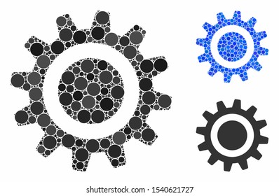 Cog composition of round dots in various sizes and color tints, based on cog icon. Vector round dots are organized into blue mosaic. Dotted cog icon in usual and blue versions.