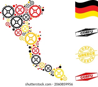 Cog Corfu Island map collage and seals. Vector collage is designed with wheel items in variable sizes, and Germany flag official colors - red, yellow, black.