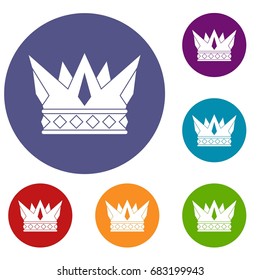 Cog crown icons set in flat circle red, blue and green color for web
